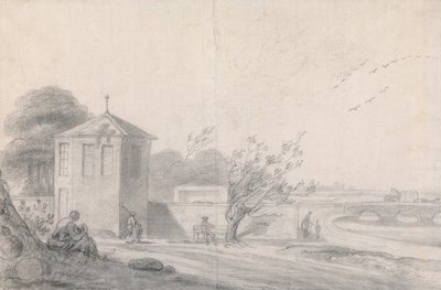 Riverside Scene with Figures, Hexagonal Building Left and Horse-Drawn Wagon Crossing Bridge at Right by Richard Wilson